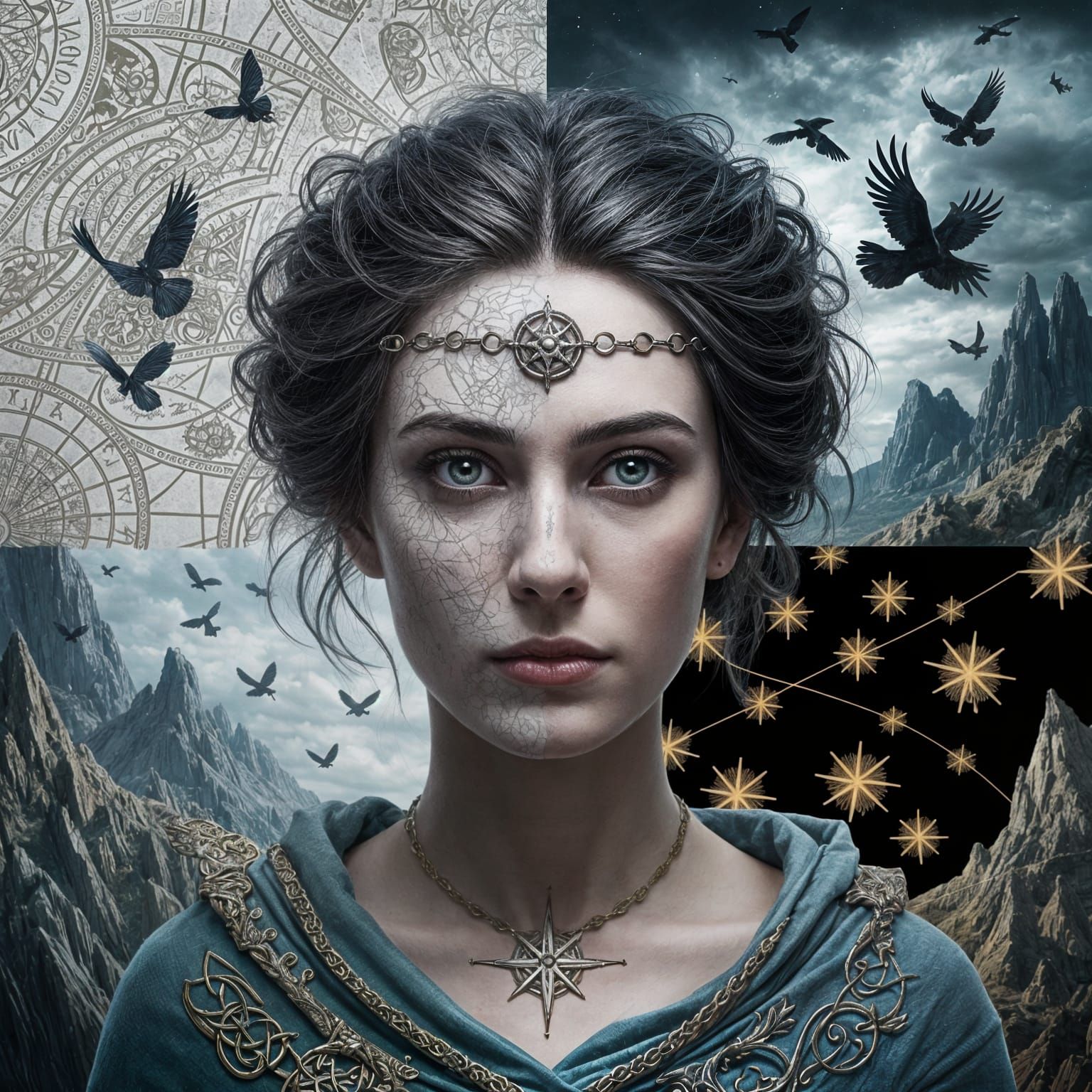 Celtic Queen's Dreamlike Face with Ravens