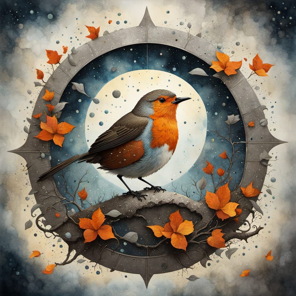 Robin on a Sundial in Dusky Silver Light