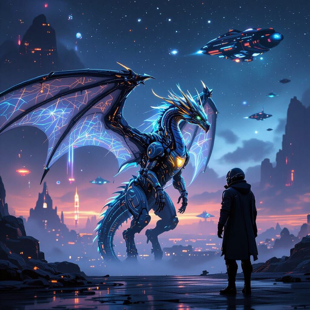 Cyberpunk Cyborg Dragon and Android in Space