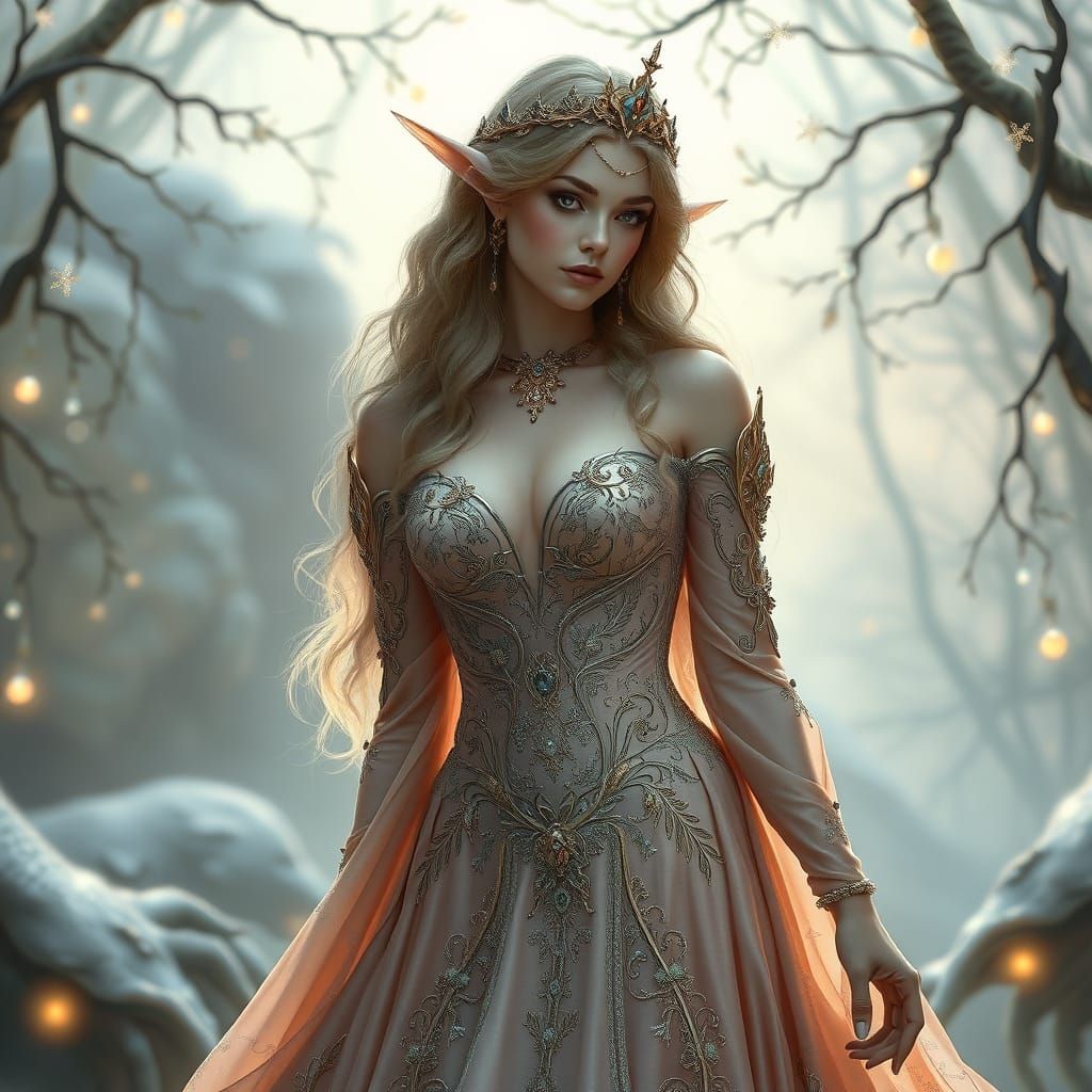 Ethereal Elven Gown with Luminescent Gems: Art Nouveau Style