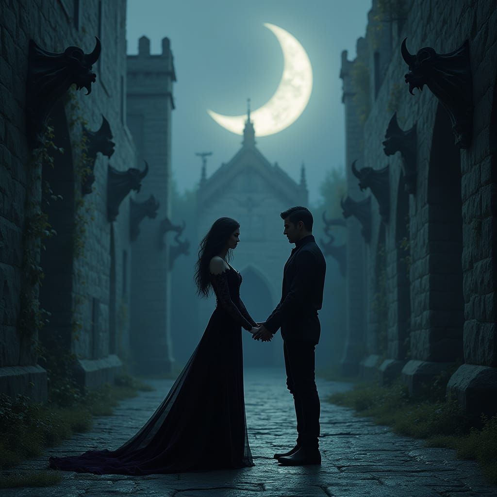 Gothic Romance: Woman Reaching for Man in Castle