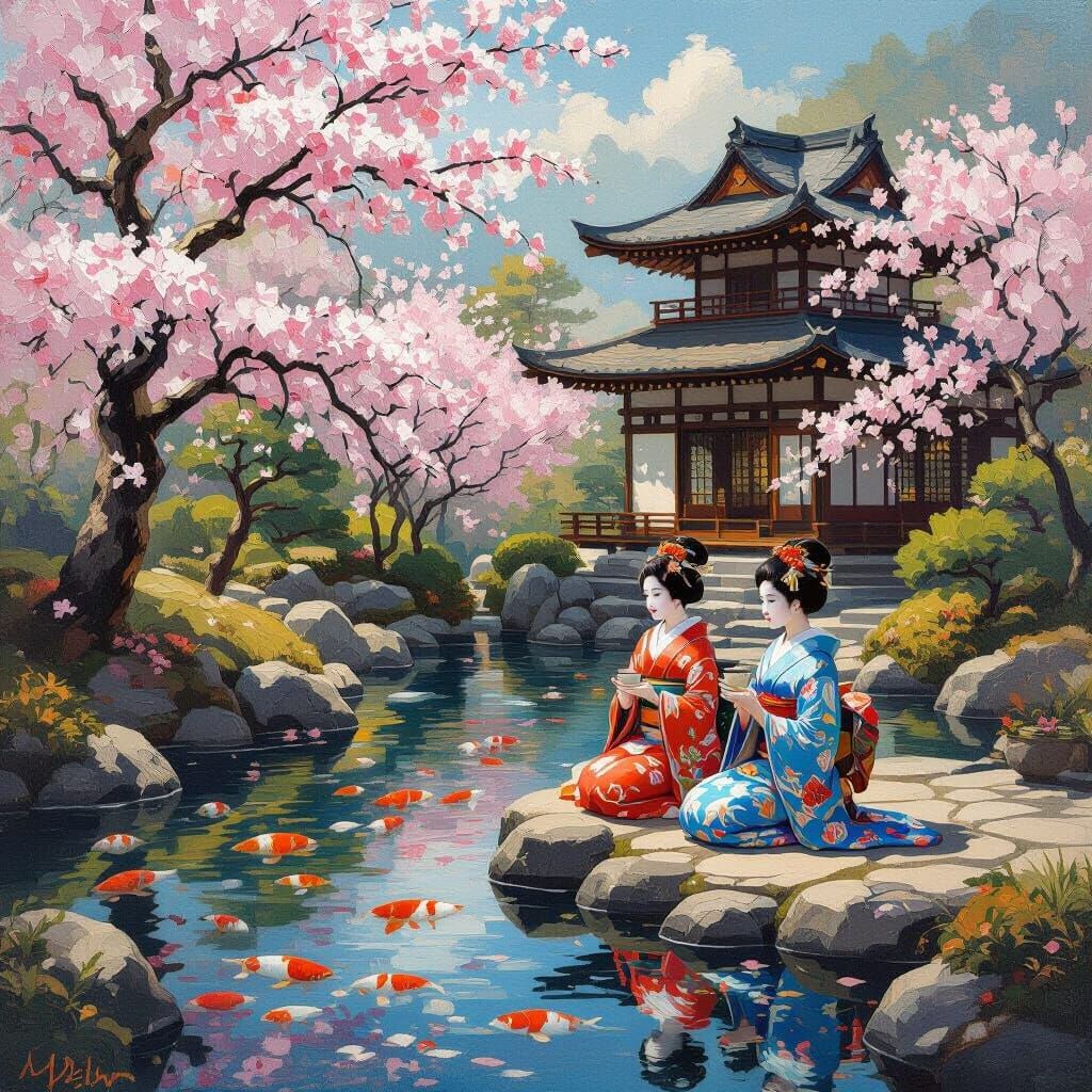 Serene Japanese Garden with Geishas in Impressionist Style