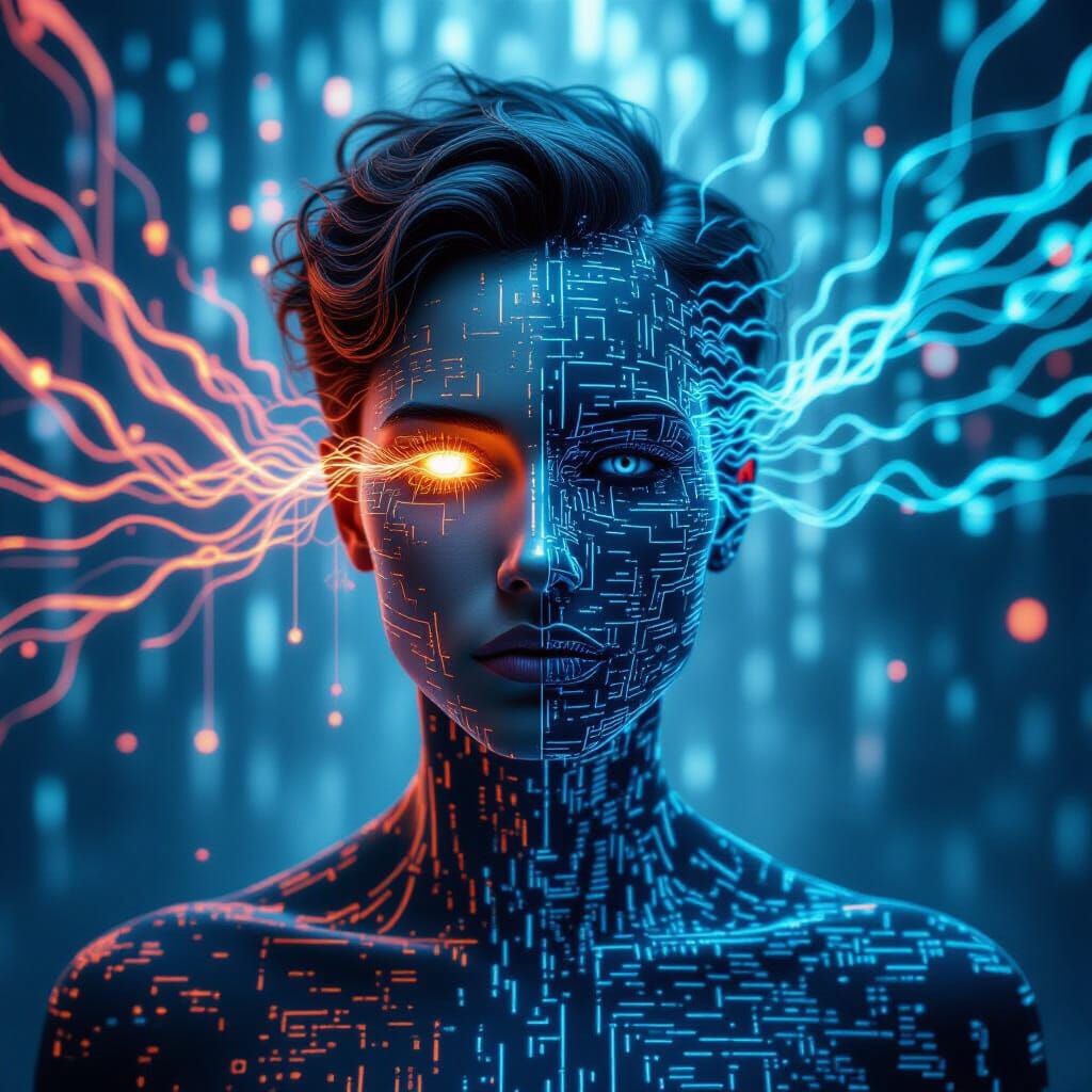 Surreal Duality: Human Form Merges with Digital Code