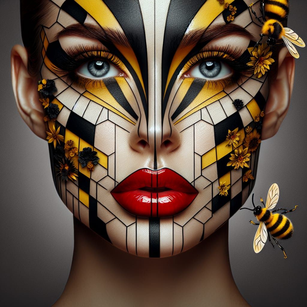 Surreal creation of a portrait of a particularly beautiful and attractive woman whose face is made of yellow and black l...