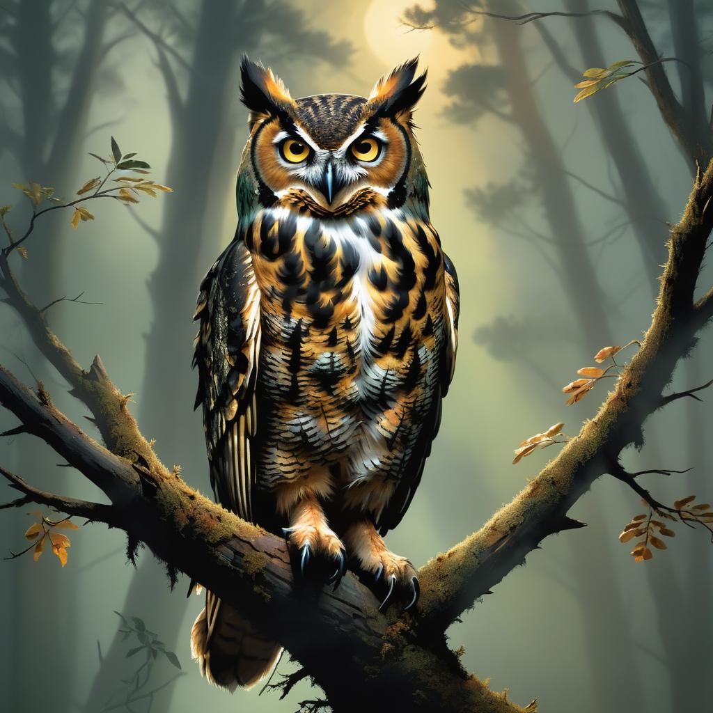 Great Horned Owl in Misty Forest, Oil Painting