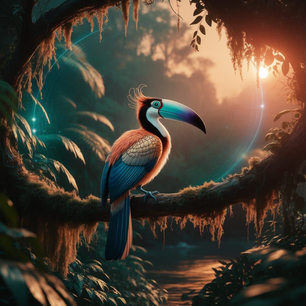 Robotic Tucano in Dreamy Rainforest, Futuristic Elegance