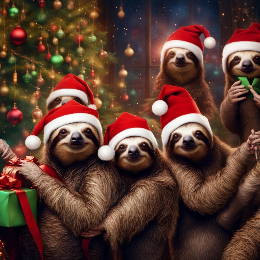 Sloths Party in Christmas Outfits: Digital Matte Painting
