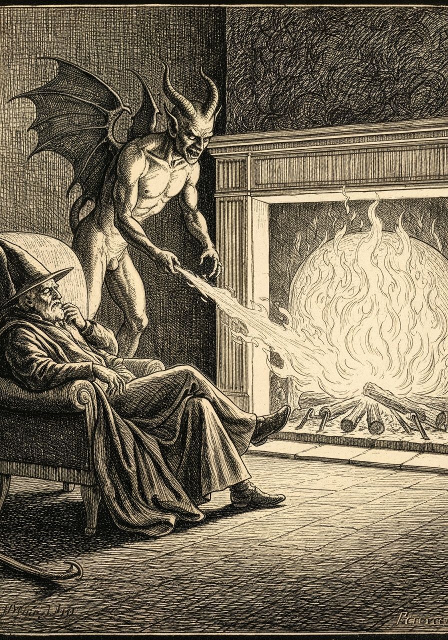 Wizard and Fire Demon Etching in Gustave Doré Style
