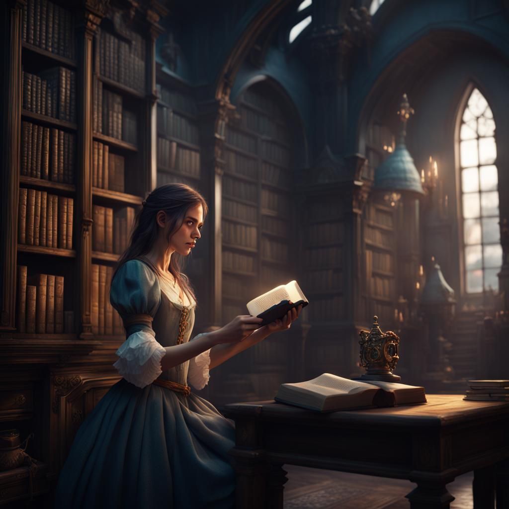 Girl Reading Book with Phone: Detailed Matte Painting