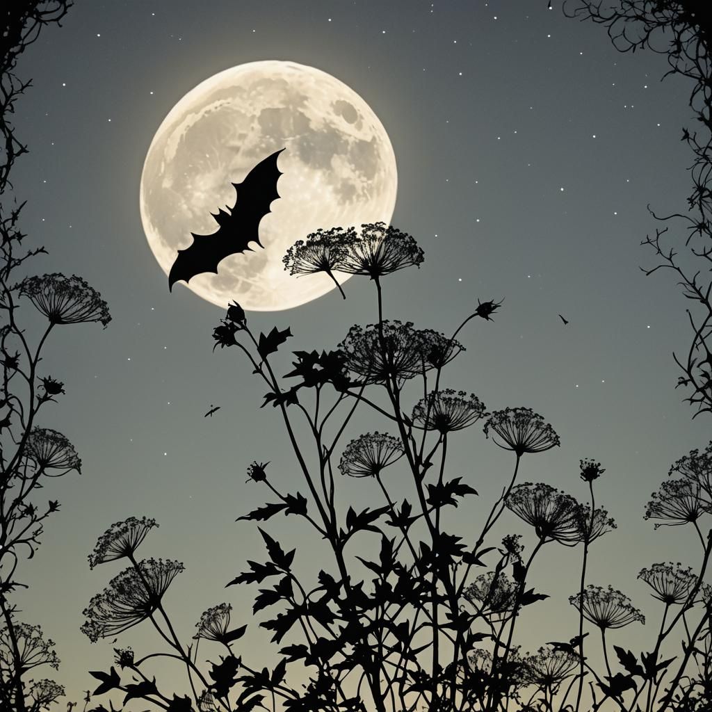 Bat Silhouette Against Moon with Filigree Weeds