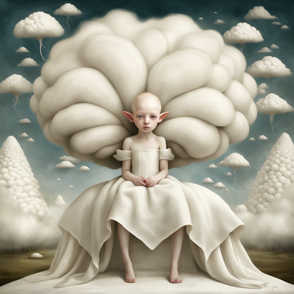 Dreamlike Fairy Elf in White Linens and Clouds