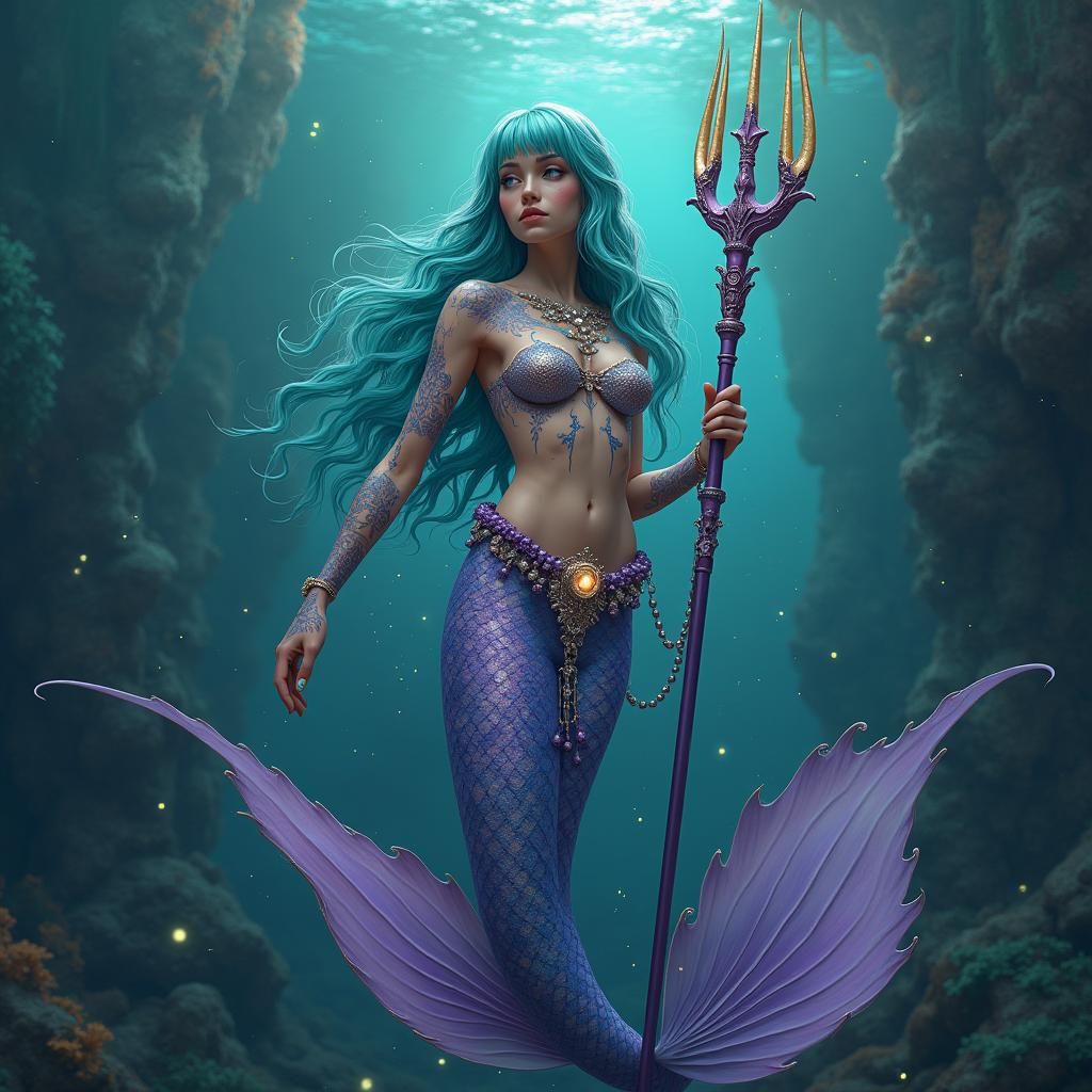 Bioluminescent Mermaid with Trident, in Digital Art Style