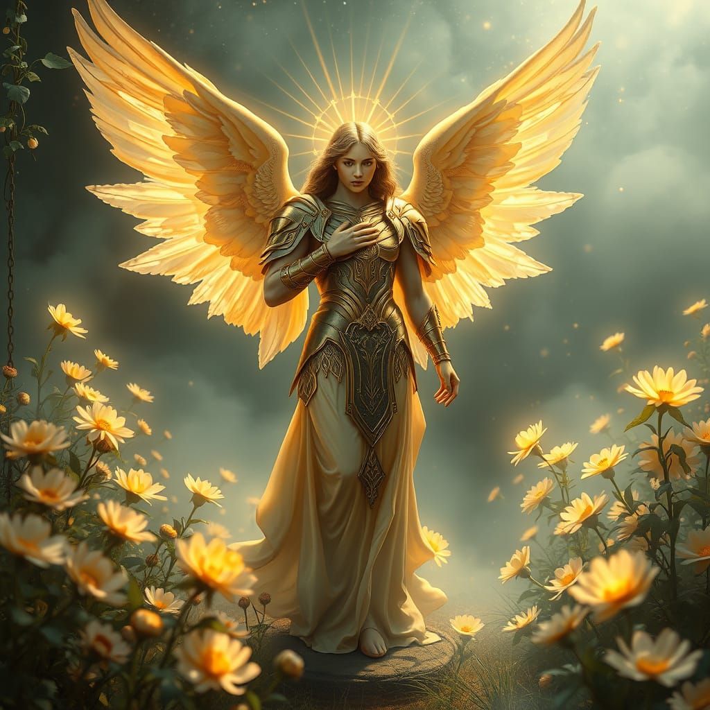 Celestial Archangel in Luminous Garden: Hyperrealistic Art