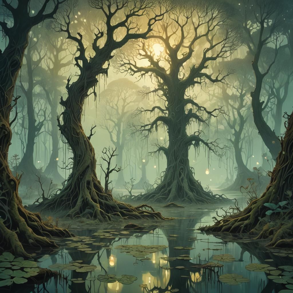 Mystical Swamp Illustration with Ethereal Mist