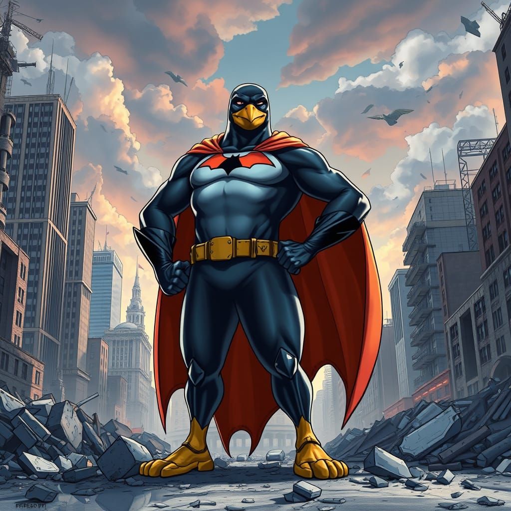 Penguin Superhero Stands Tall Amidst Post-Apocalyptic City