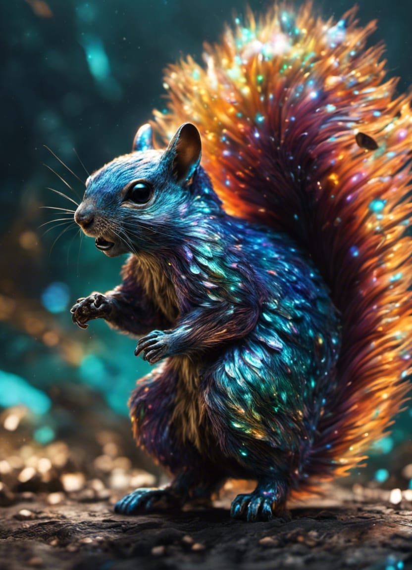 Iridescent Circuitry Squirrel in Fantasy Galaxy Street