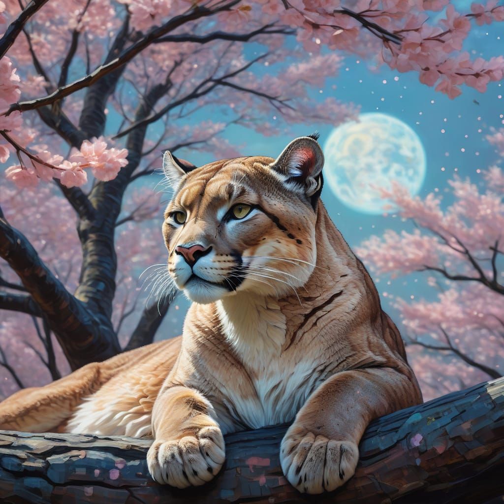 Nebula Puma Under Sakura Tree as Impasto Painting