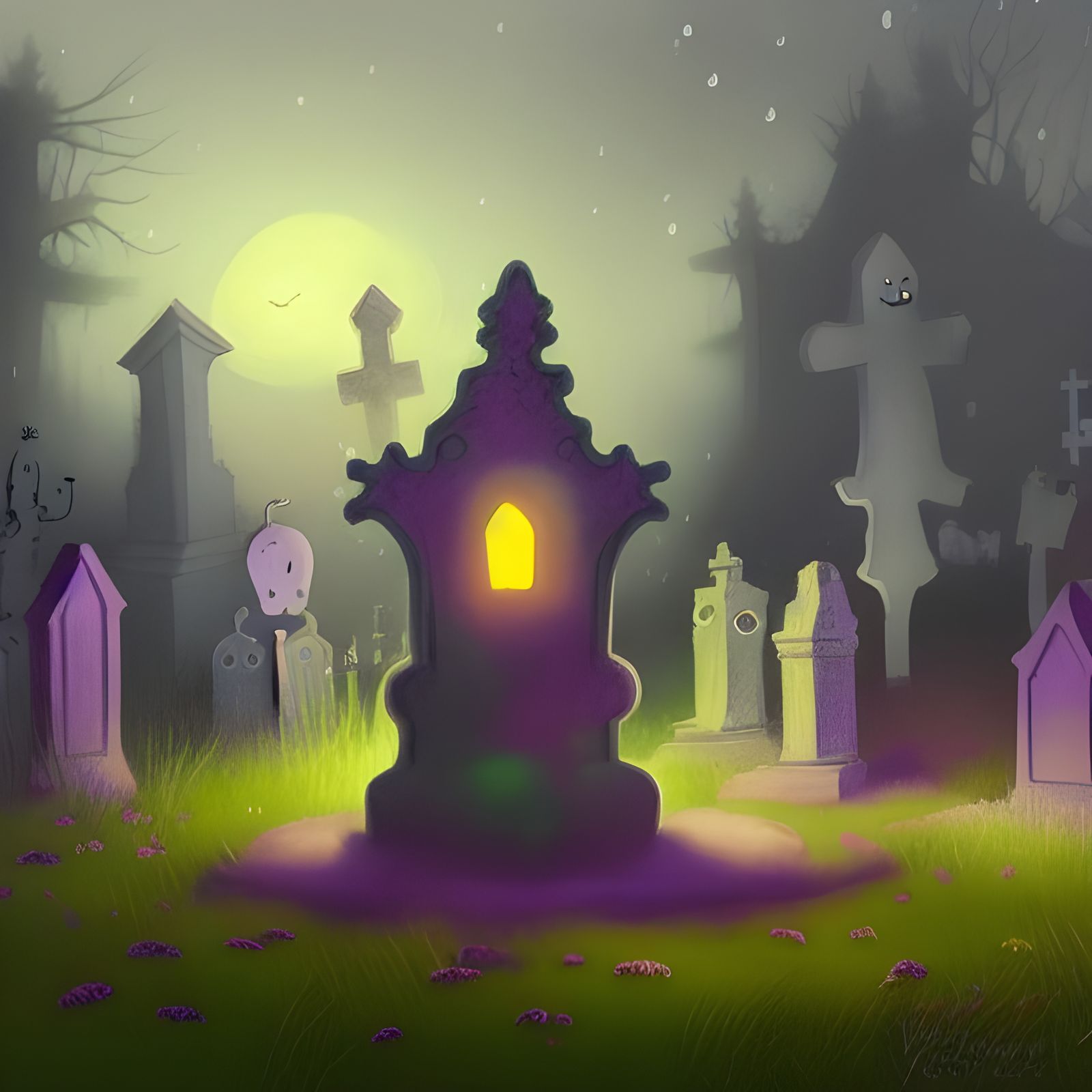 Peaceful Spooky Graveyard Digital Illustration