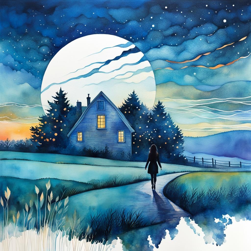 Woman in Sunset Field: Watercolor Double Exposure Art