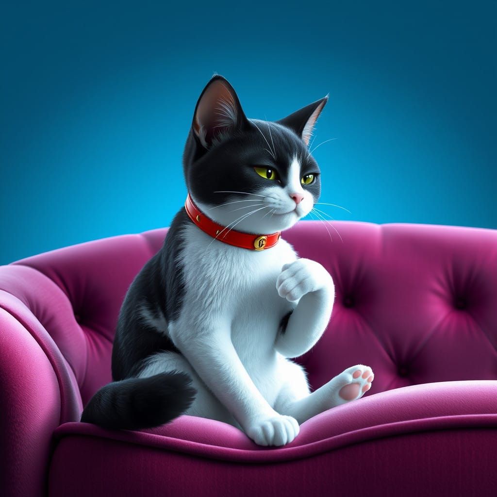 Serene Black Cat Contemplation on Velvet Sofa