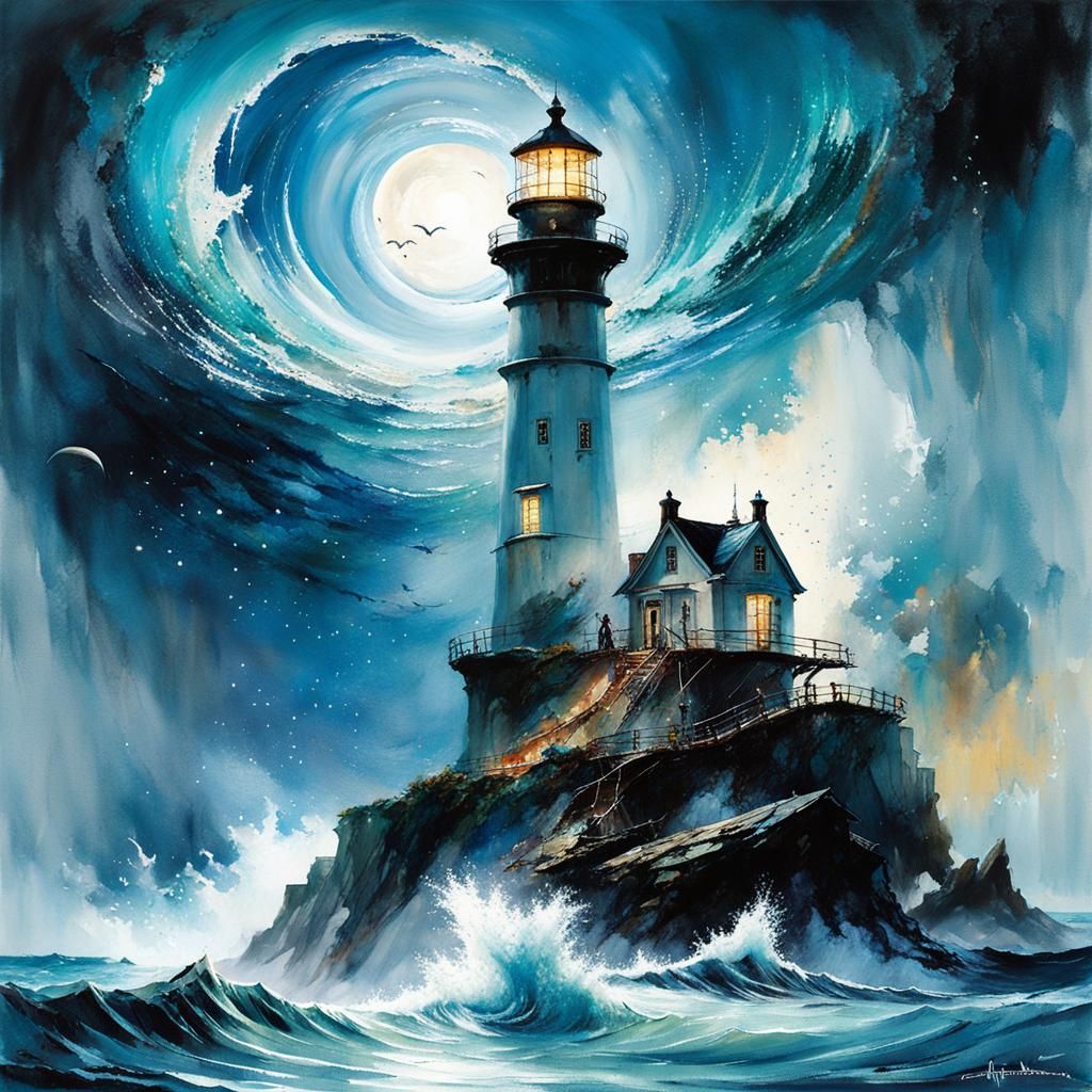 Lighthouse in Open Book, Watercolor Fantasy Art