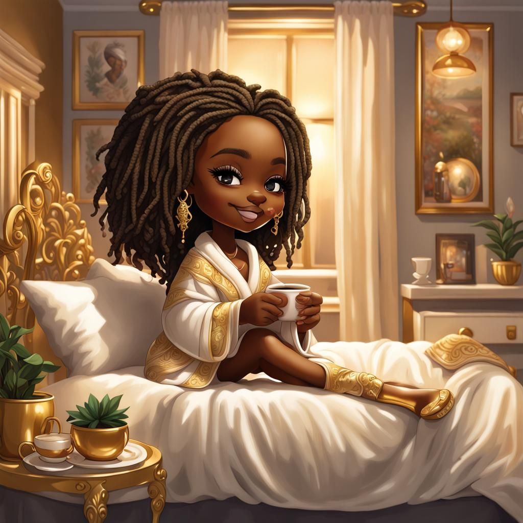 Chibi Woman in Elegant Bedroom, Airbrush Illustration