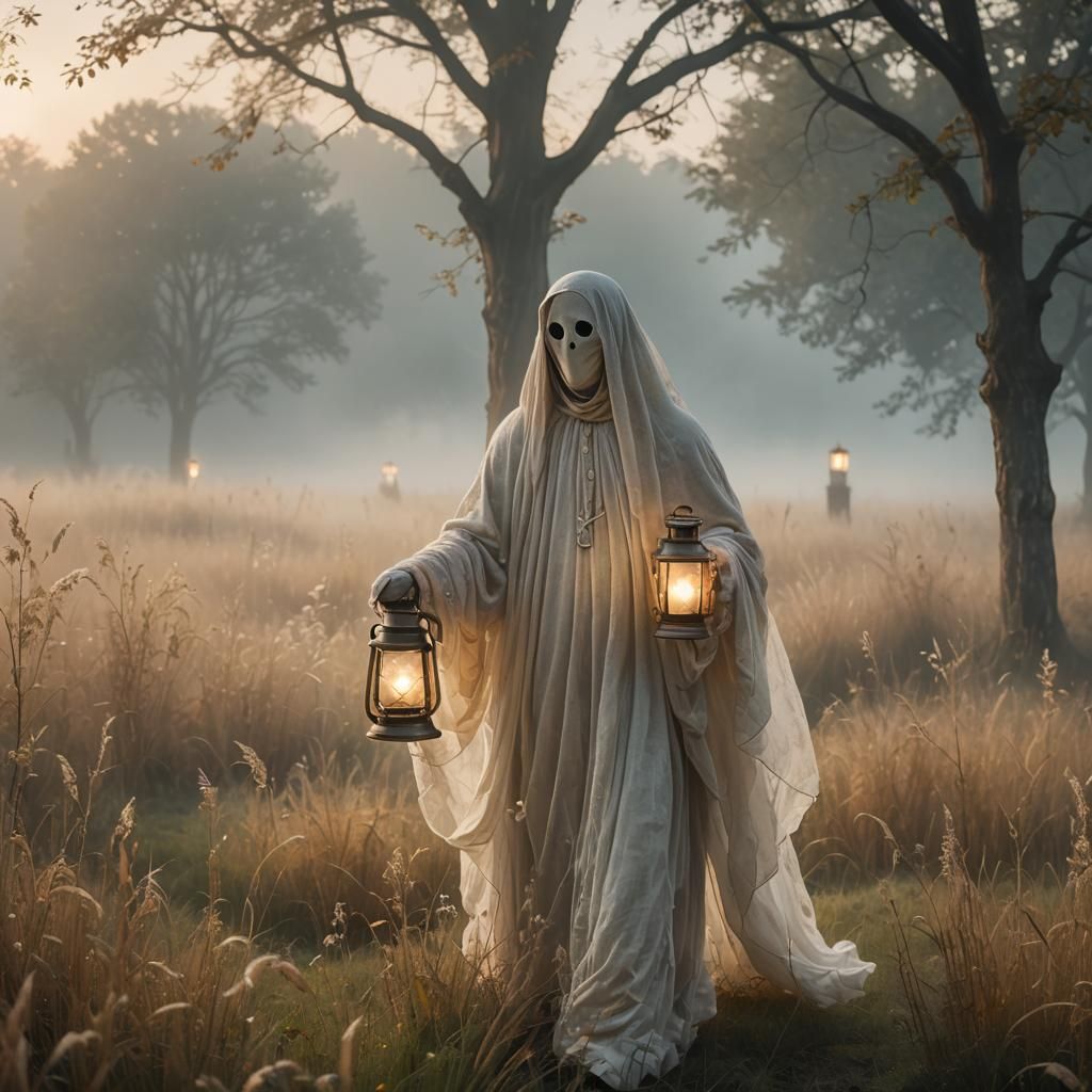 Ethereal Ghost in Misty Field with Lantern