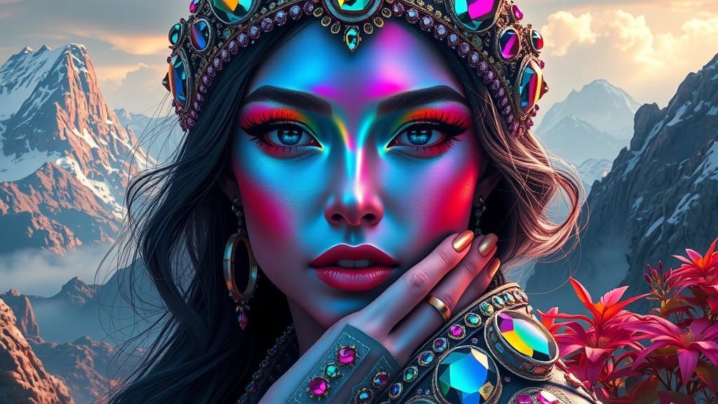 Radiant Goddess in Vibrant, Hyperrealistic Portrait