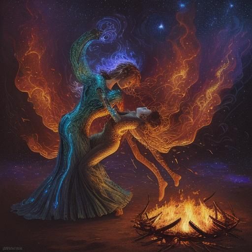 Bonfire Dancers in Cosmic Surrealism Style