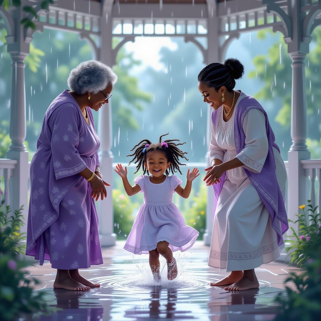 Paint a breathtaking scene of two obsidian-toned grandparents watching fom a gazebo,  their five-year-old granddaughter ...