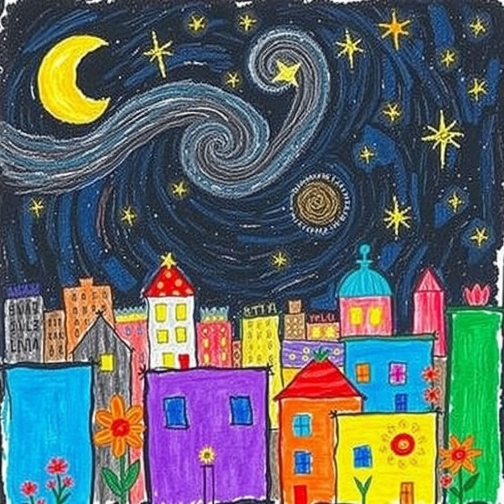 Whimsical Crayon Cityscape Under Starry Night Sky
