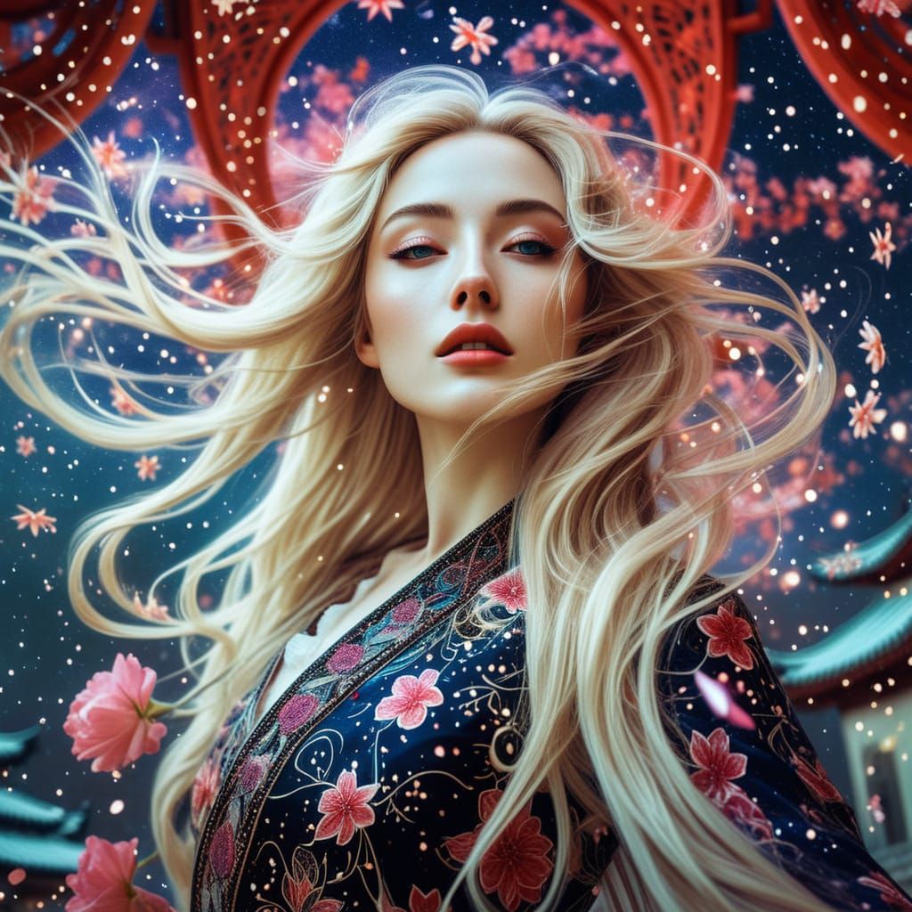 Dreamer Dancing Under Starry Sky in Surreal Palatial Setting