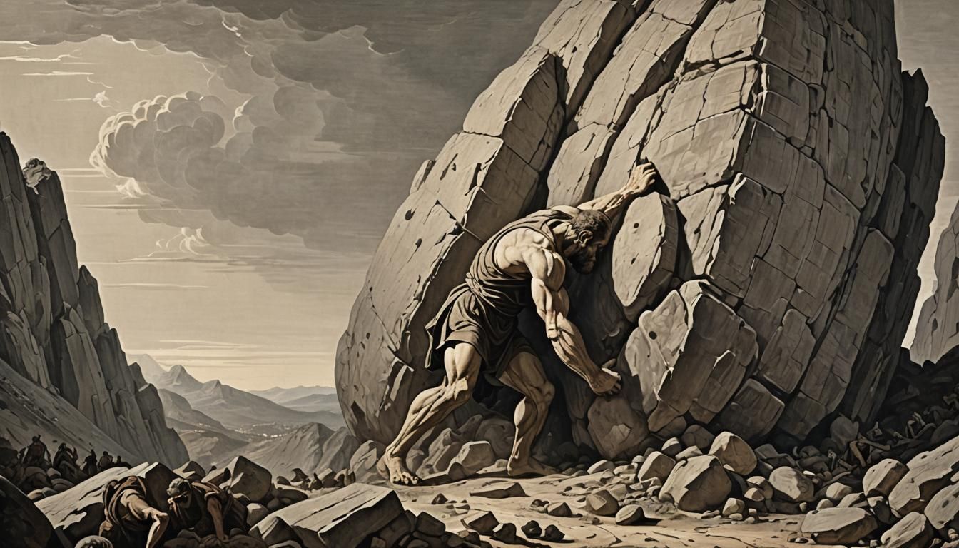 Sisyphus's Eternal Torment on Rocky Cliff