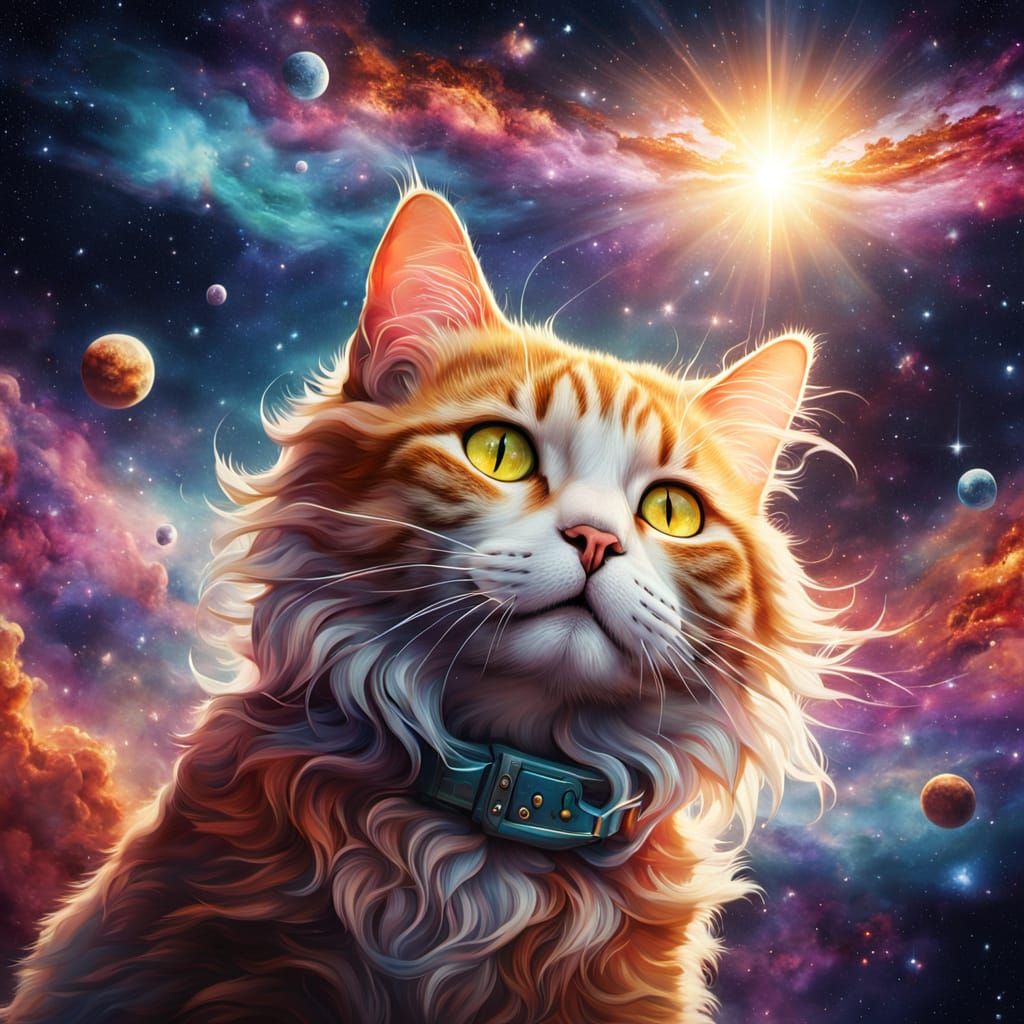 Surreal Cat Floats Through Cosmic Space