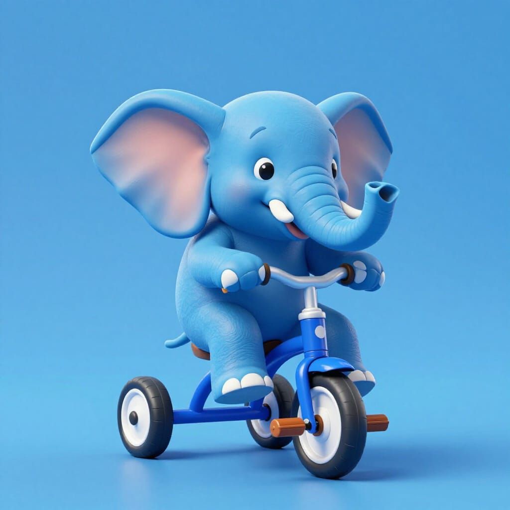 Blue Elephant Rides Blue Tricycle in Photorealistic Style