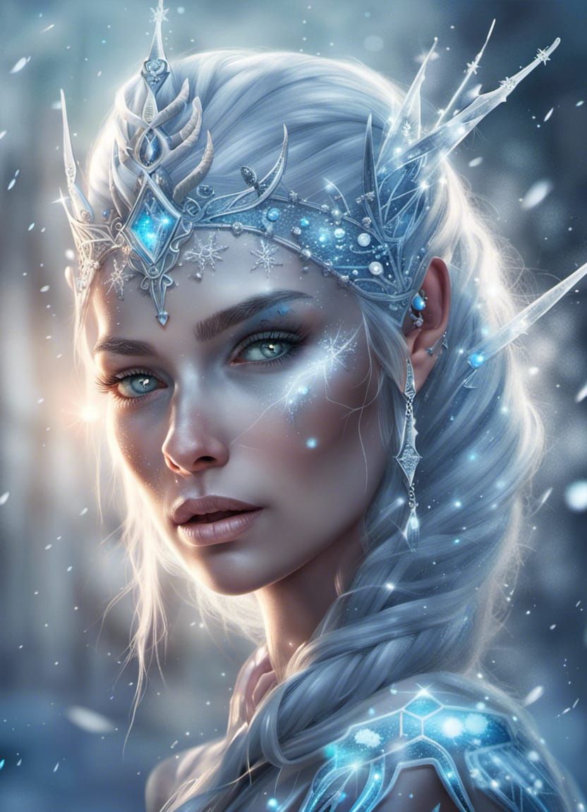 Snow Queen Elf Warrior Portrait with Icicle Tiara