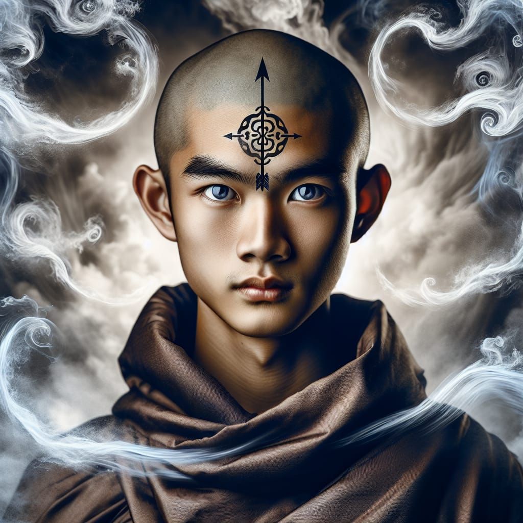 Create an illustration featuring Aang, the last Airbender and the Avatar, bearing the iconic arrow symbol on his forehea...