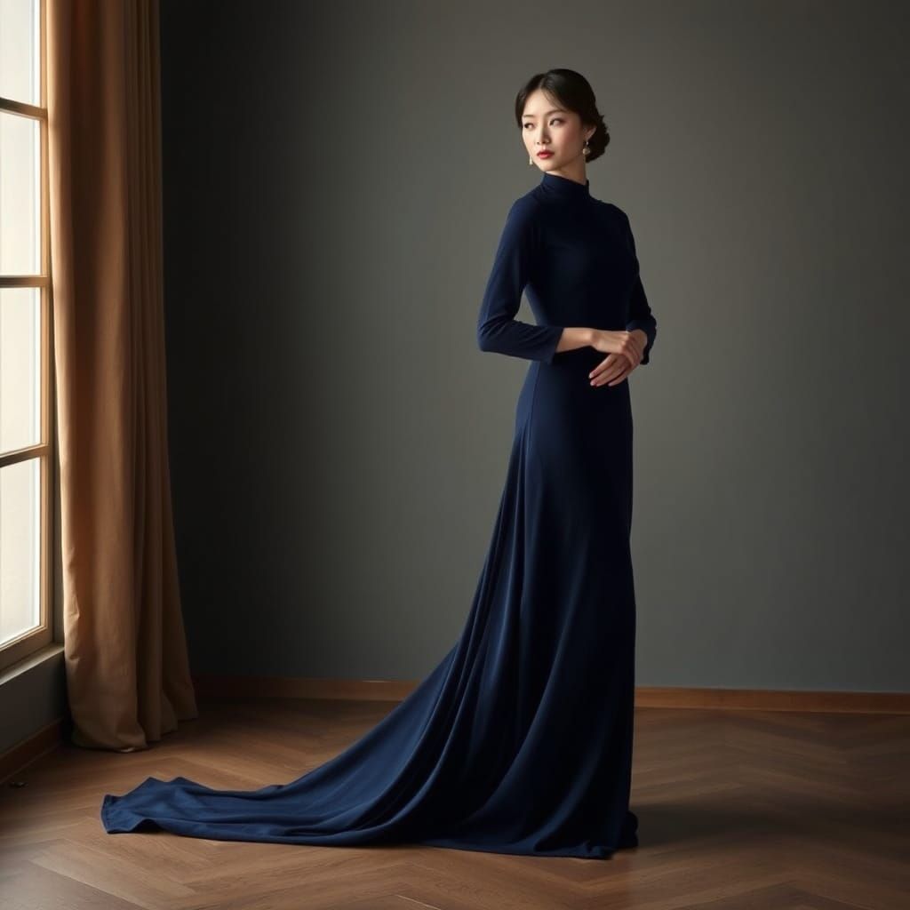 Elegant Woman in Navy Blue Gown