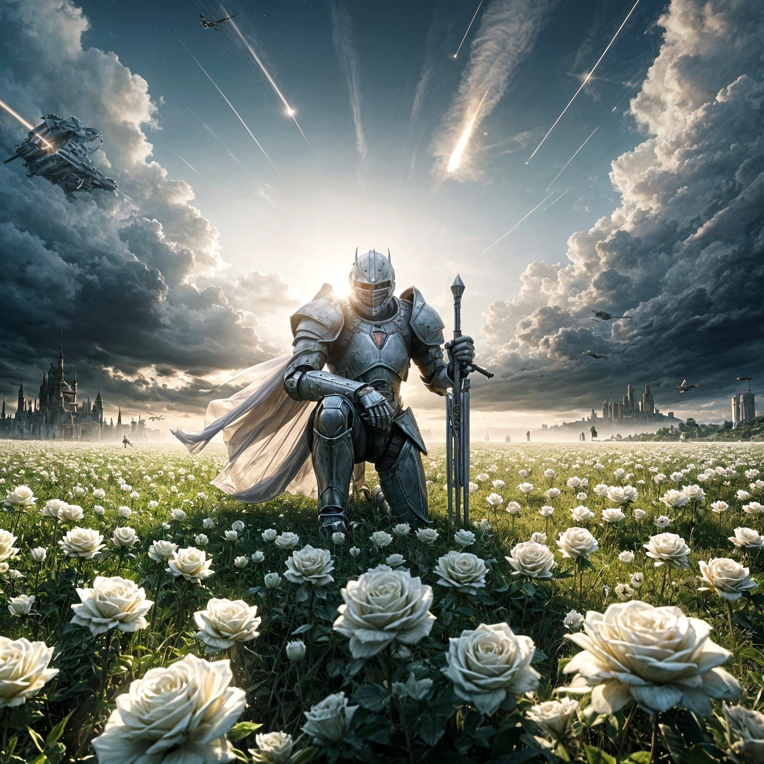 Battle-Wearied Knight in Rose Meadow: Maximalist Concept Art