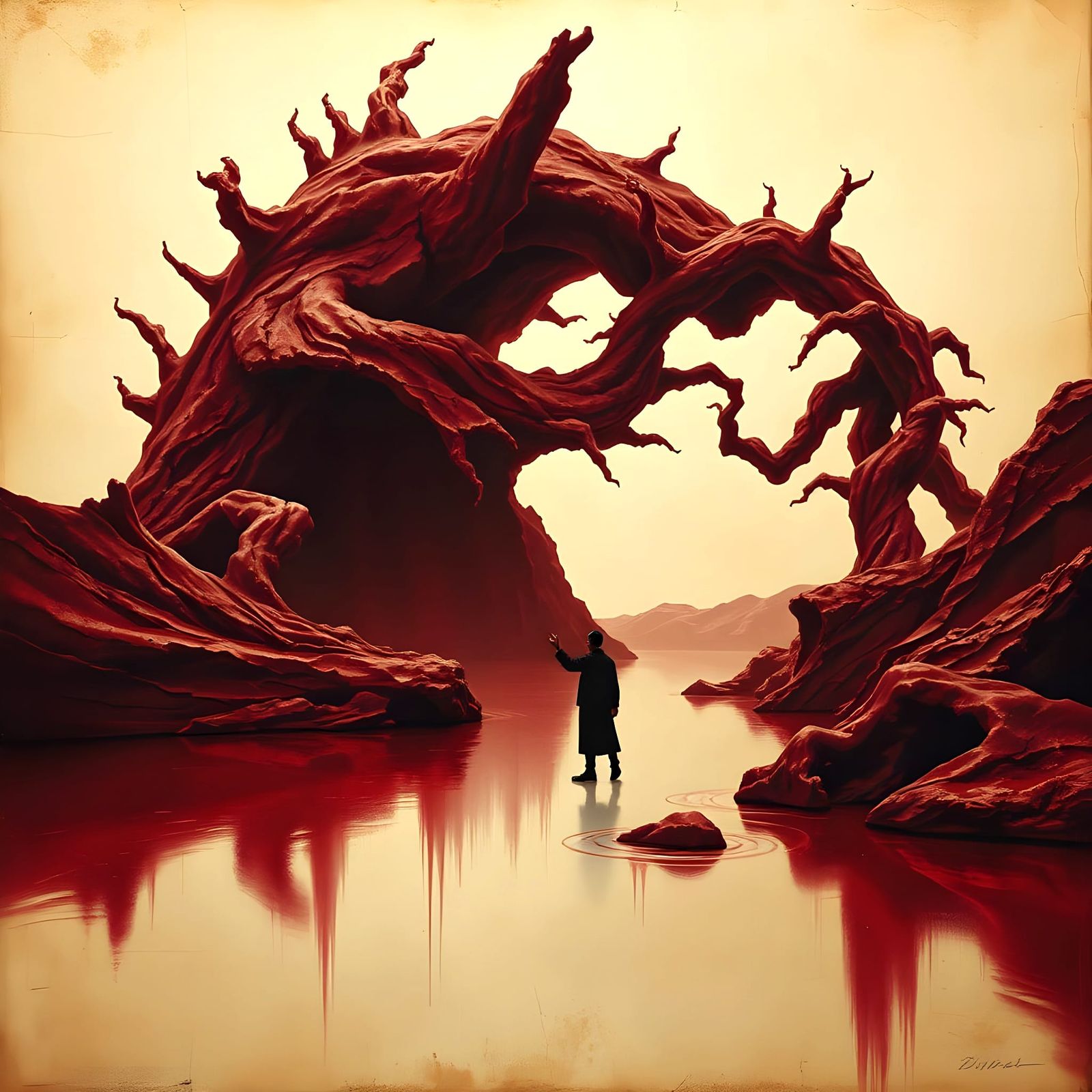 A surreal artwork in a deep, burgundy crimson and pale, anti...