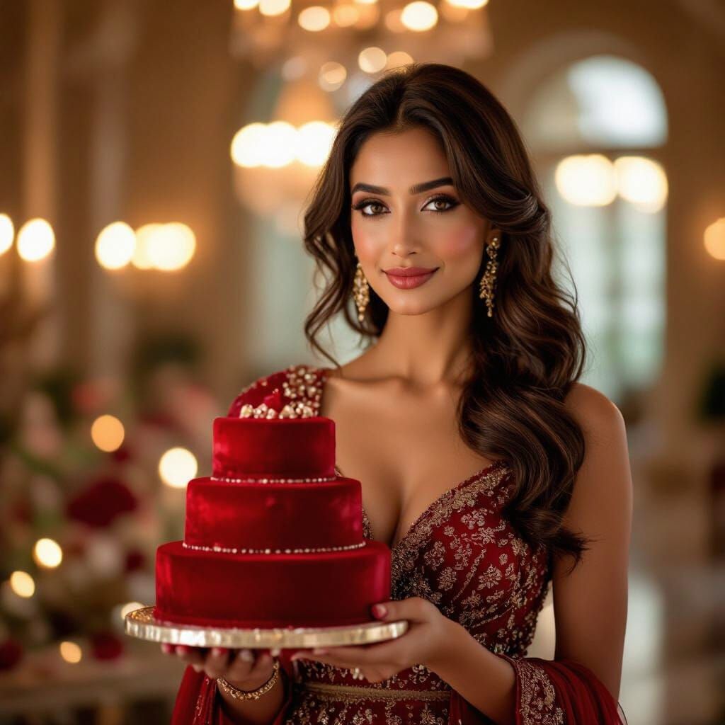 Elegant Indian Woman in Shimmering Red Gown with Cake