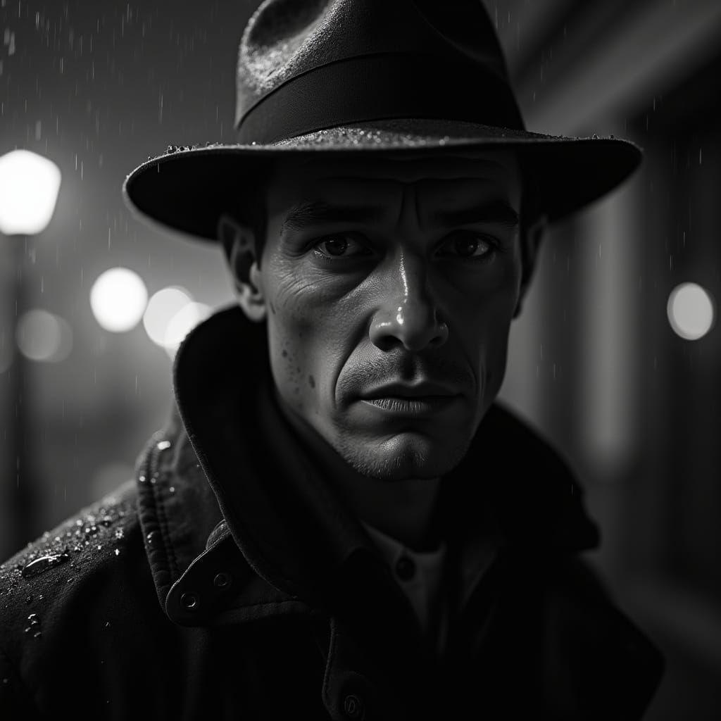 Gritty Film Noir Detective in Rainy Night City
