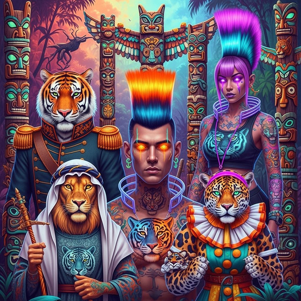 Psychedelic Jungle Scene with Animals in Uniforms