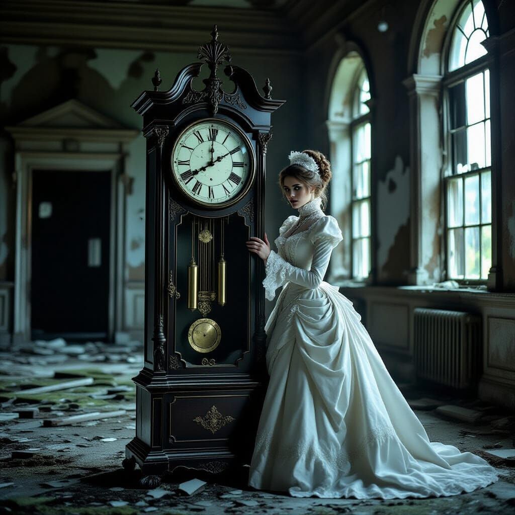 Victorian Lady by Antique Clock in Ruined Ballroom