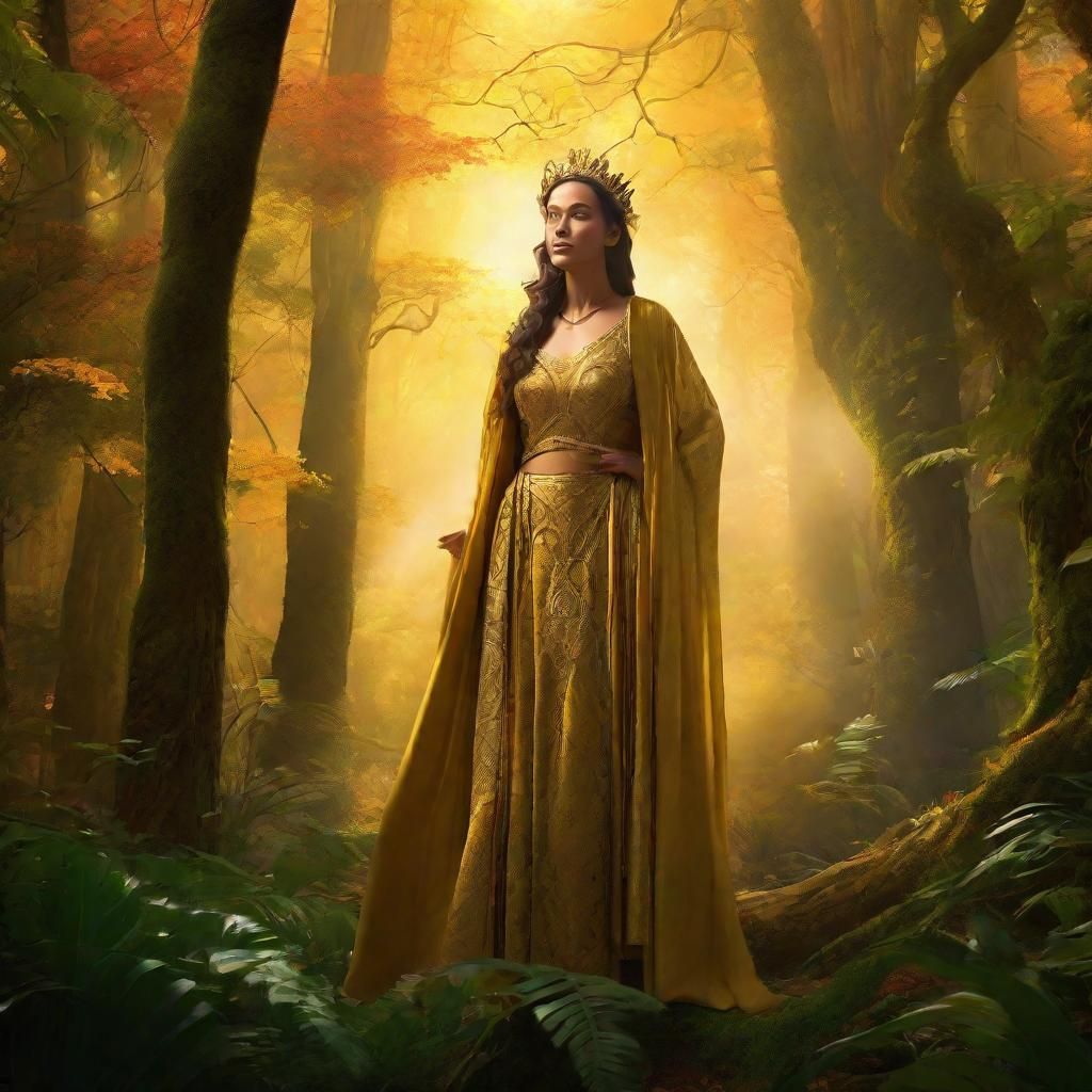 Regal Woman in Lush Forest: Fantasy Concept Art