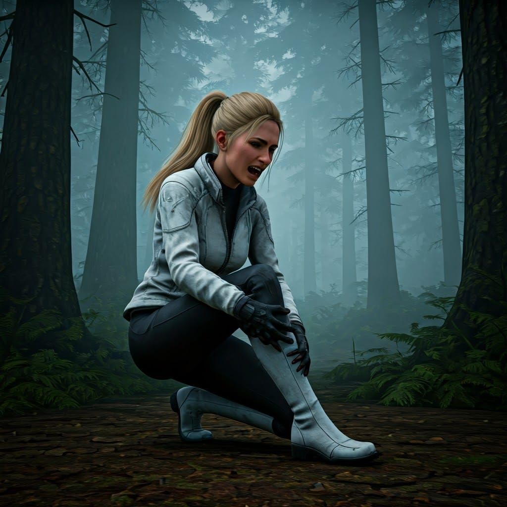 Blonde Woman Screams in Pain in a Dense Misty Forest