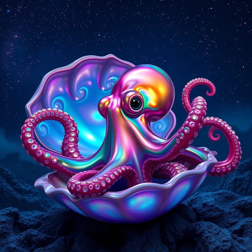 Iridescent Octopus Emerges from Shimmering Mother-of-Pearl S...