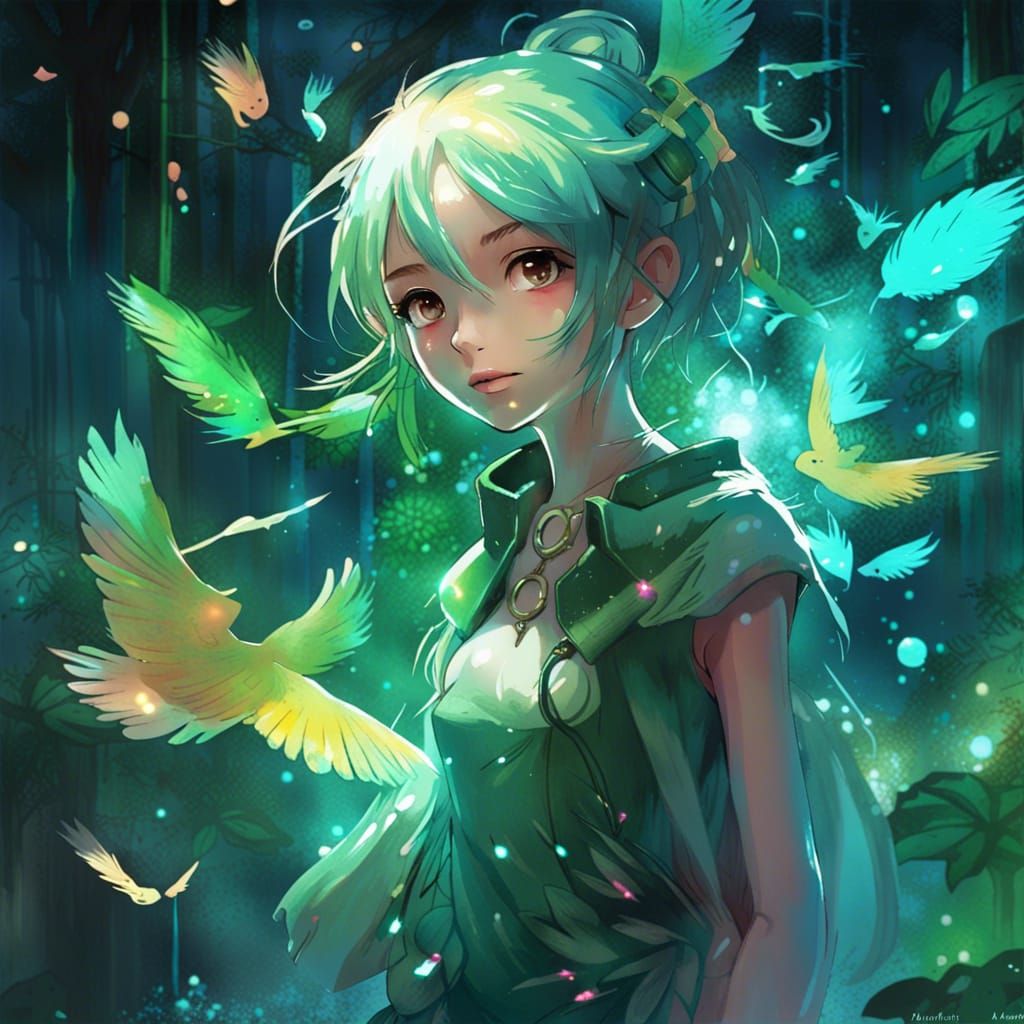 Anime Girl with Quetzal in Enchanted Garden