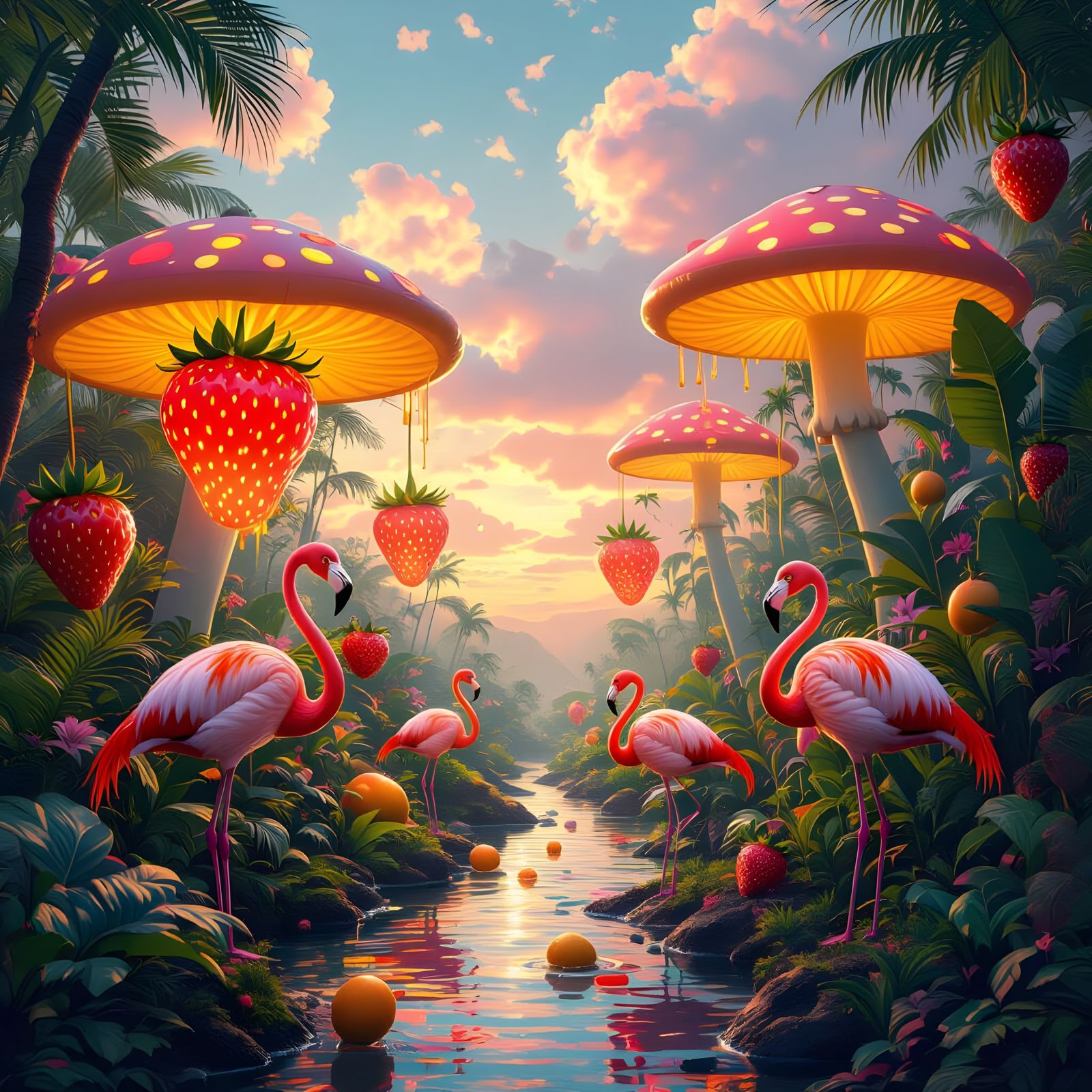 Surreal Jungle Oasis with Glowing Strawberries