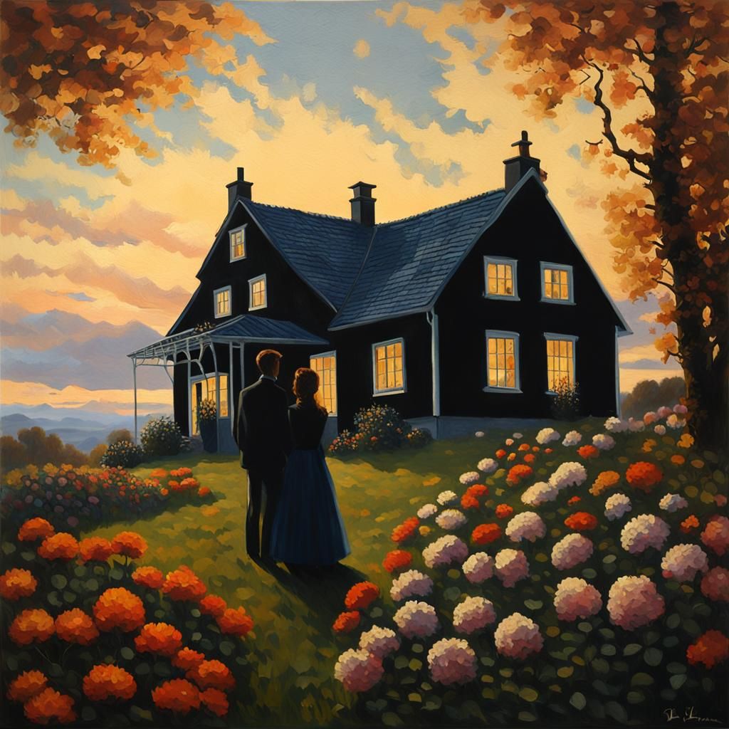 Norwegian Country House Silhouette: Chiaroscuro Oil Painting